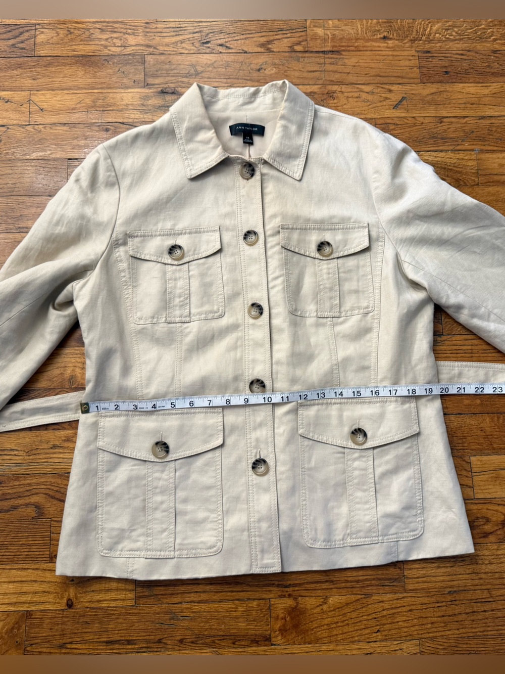 Ann Taylor Linen Blend Belted Safari Utility Jacket Khaki Size 14 - Picture 9 of 16